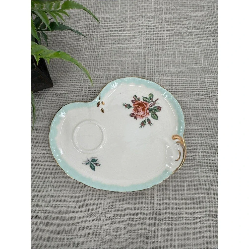 Vintage Floral Porcelain Tea Cup Tray Mint Green Gold Rose Serving Dish